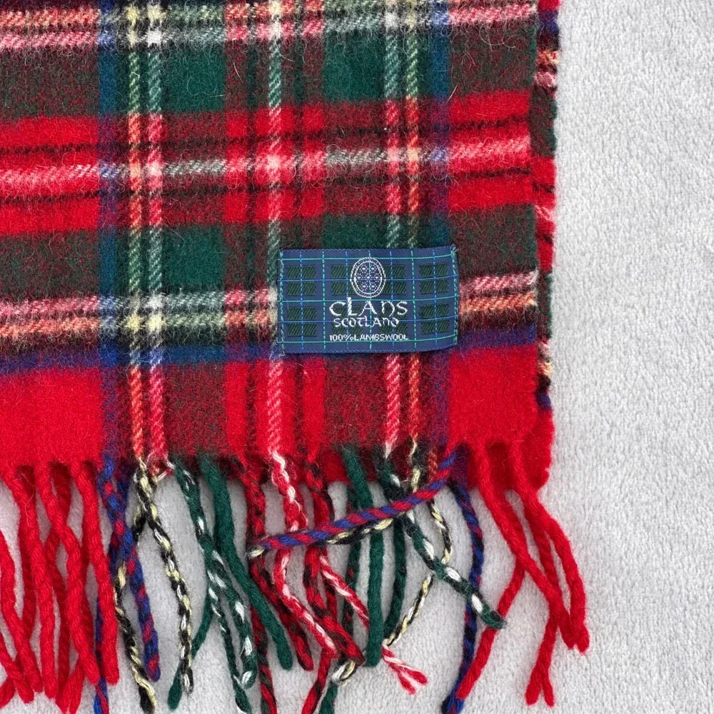 Clans of Scotland Red Plaid Tartan Lambswool Scarf Fringed Made in Scotland 58